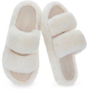 Women’s Cream Pluffie Arch Memory Foam Cozy Faux Fur Open Toe Slippers Shoes